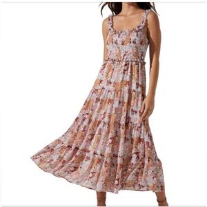 Astr Floral Tiered Midi Dress - Pink and Brown